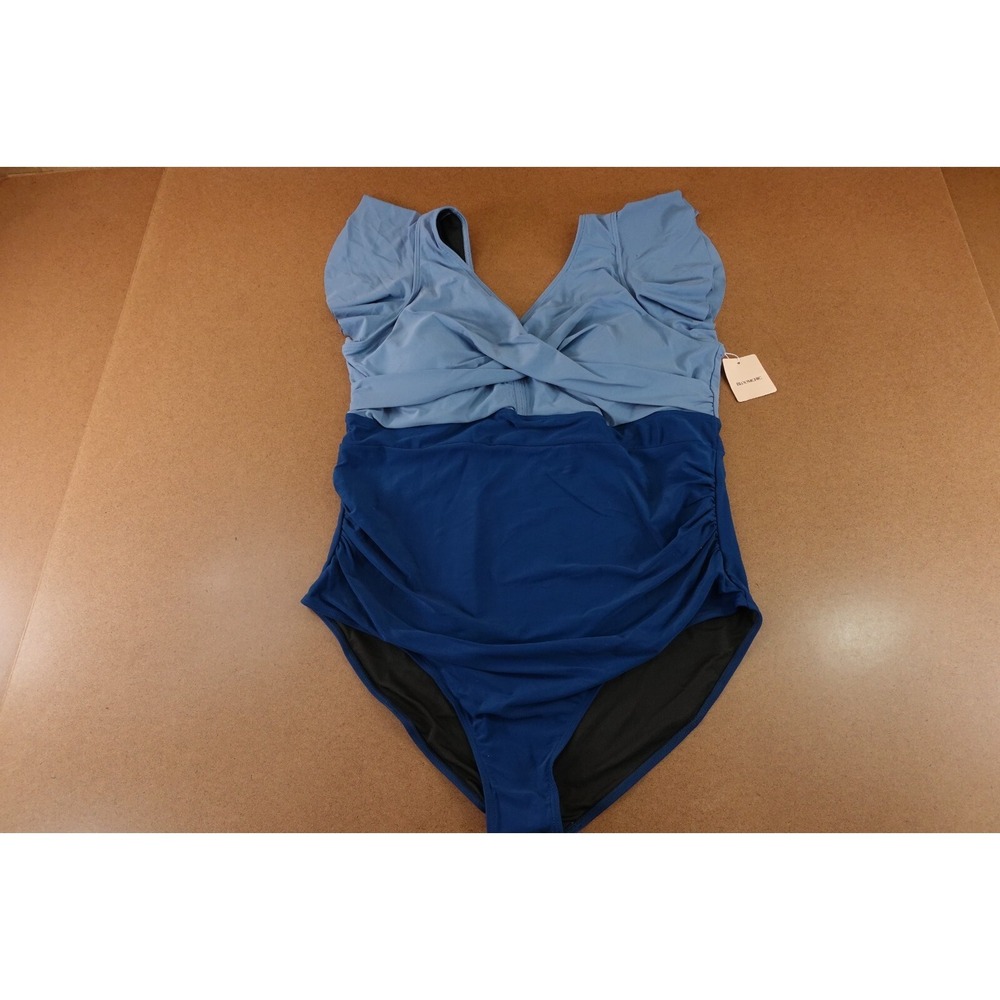 Bloomchic Womens Size 22-24 Blue Flutter Sleeve Ruched One Piece Swimsuit NWT